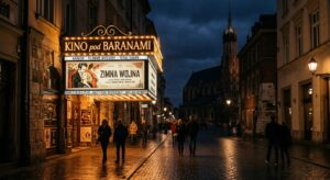 A cinematic, atmospheric shot of a vintage theater marquee glowing at night on a cobblestone street