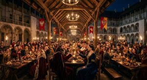 A cinematic, wide-angle editorial photograph of a grand medieval royal banquet inside the Wawel Cast