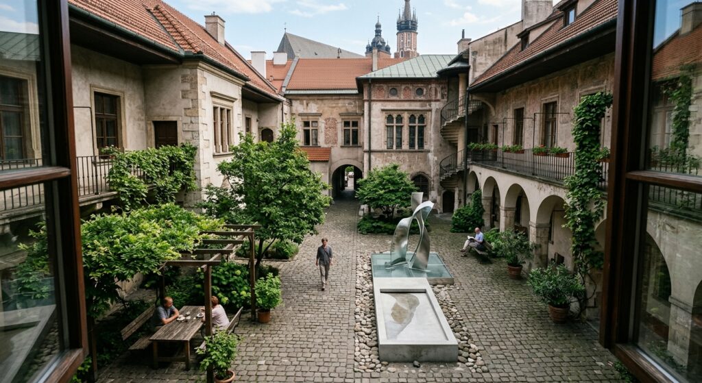 A high-angle, professional editorial photograph of a secret, quiet courtyard in Kraków, blending his