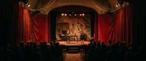A cinematic, wide-angle shot of a historic, intimate theater stage in Krakow's Kazimierz district, f