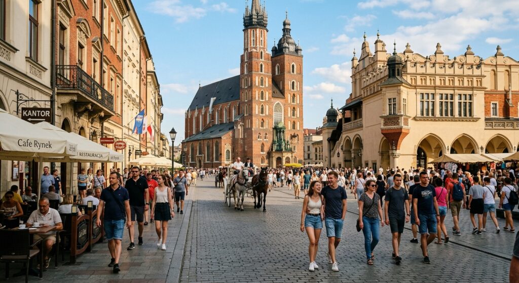 A professional, editorial-style photograph of a bustling, sunlit street in Krakow's Old Town, captur