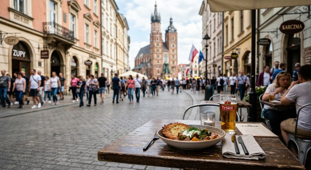 A high-quality, editorial-style photograph of a bustling, picturesque street scene on Floriańska Str