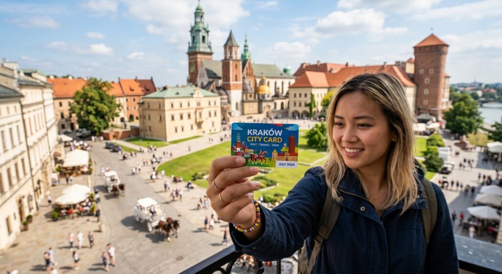 A professional, high-angle editorial shot of a tourist holding a vibrant Krakow City Card against th
