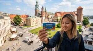 A professional, high-angle editorial shot of a tourist holding a vibrant Krakow City Card against th