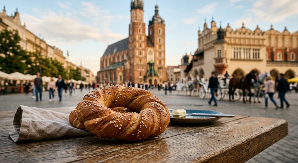 A professional, editorial-style close-up of a warm, authentic Kraków-style bagel (obwarzanek) restin