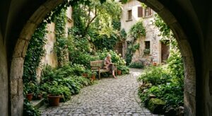 A sun-dappled, secret courtyard garden hidden behind an ancient stone archway in Kraków’s Old Town,