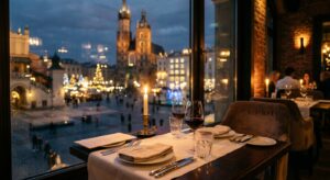 A warm, atmospheric shot of an elegant restaurant table set for two in a dim, candlelit setting with