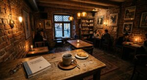 A high-angle, professional editorial shot of a cozy, dimly lit vintage café interior in Krakow’s Kaz