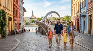 A vibrant, professional editorial shot of a happy family exploring the colorful streets of Krakow’s