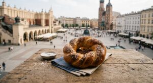 A high-angle, professional editorial shot of a traditional braided obwarzanek bagel resting on a rus