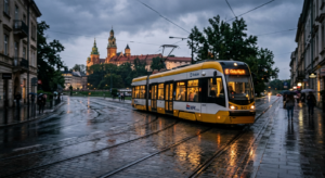 A professional editorial-style shot of a modern Krakow tram moving through a blurred, rain-slicked c