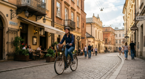 A professional editorial photograph of a cyclist riding safely through a sunlit, historic street in