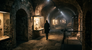 A cinematic, professional editorial shot of the dimly lit underground archaeological museum beneath