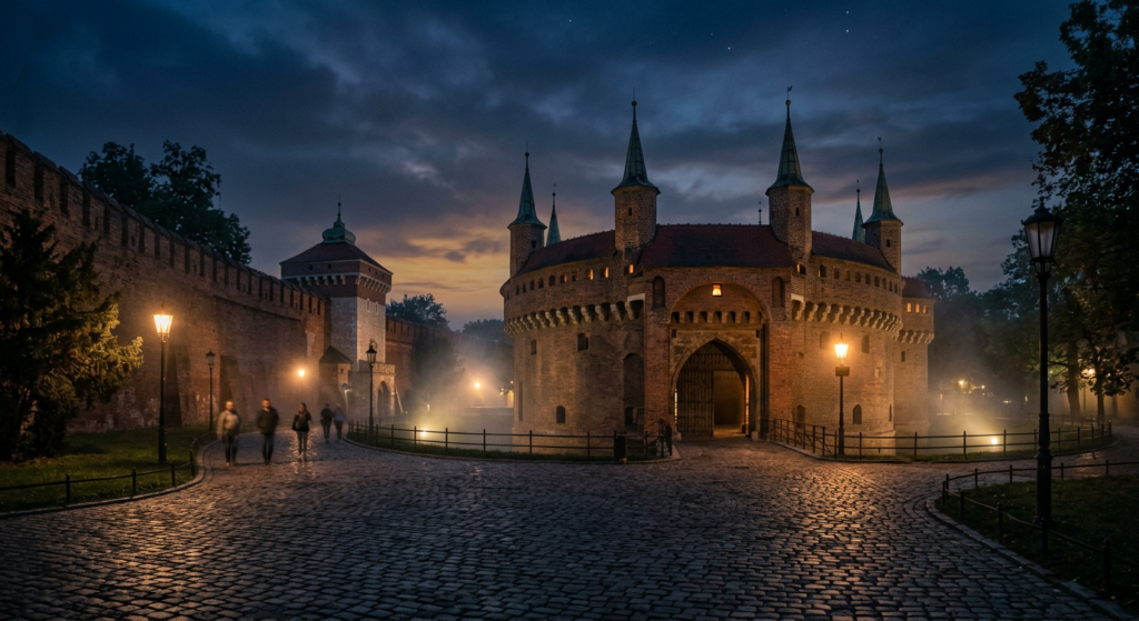 A cinematic, atmospheric shot of Krakow’s historic Barbican and medieval defensive walls at twilight