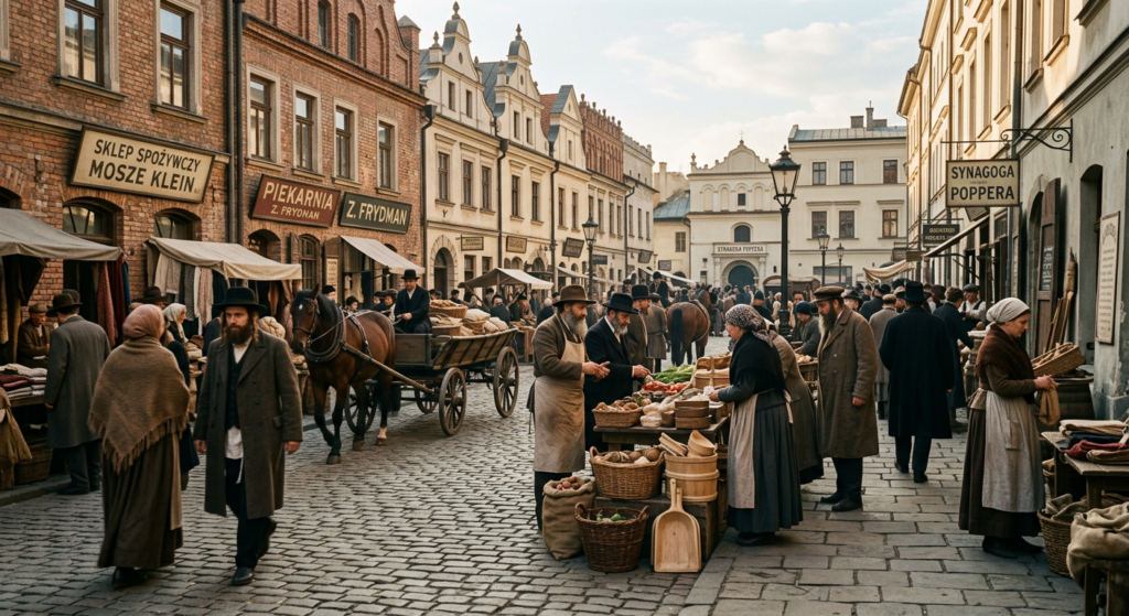 A cinematic, nostalgic editorial photograph of a bustling 19th-century Kazimierz street scene, featu