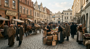 A cinematic, nostalgic editorial photograph of a bustling 19th-century Kazimierz street scene, featu