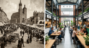 A high-quality editorial split-screen composition contrasting a vintage sepia-toned photograph of a