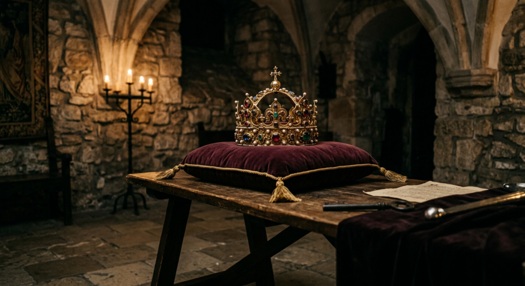 A cinematic, high-quality editorial shot of an ancient, ornate royal crown resting on a velvet cushi