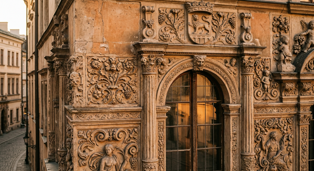 A detailed, editorial-style close-up of intricate Renaissance stone carvings and ornate architectura
