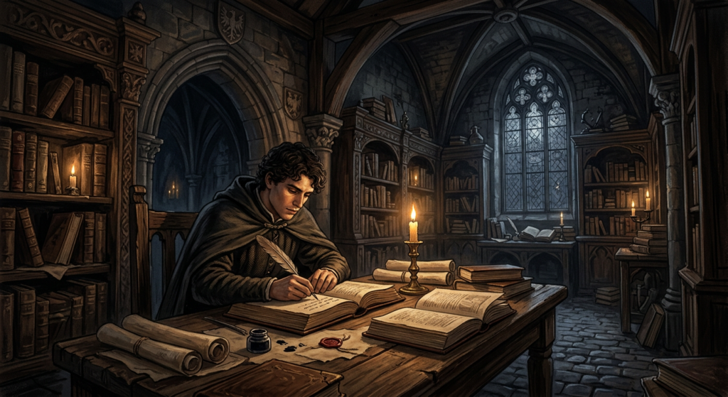 A cinematic, editorial-style illustration of a medieval student in a dark, atmospheric Kraków librar