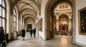 A professional, editorial-style photograph capturing the historic architecture of a museum interior