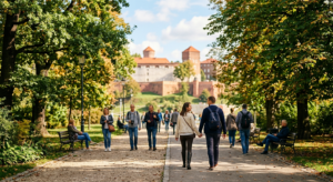 A professional, editorial-style photograph of a sunny, tree-lined path in Kraków's Planty Park with