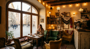 A cozy, inviting interior of a charming Krakow café featuring aesthetic vintage decor, warm atmosphe