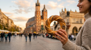 A high-quality, editorial-style close-up of a traditional golden-brown Krakow obwarzanek held by a p