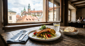 A high-angle, professional editorial photograph of a stylish and appetizing gourmet lunch plate serv