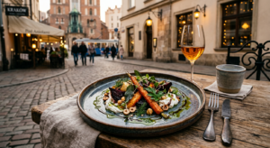 A high-end editorial food photography shot featuring a vibrant, gourmet vegetarian dish served on a