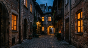 A cinematic, atmospheric shot of an ancient, narrow courtyard in Kraków’s Kazimierz district at twil