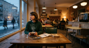 A professional, editorial-style photograph of a cozy, retro-inspired café interior in Nowa Huta, fea