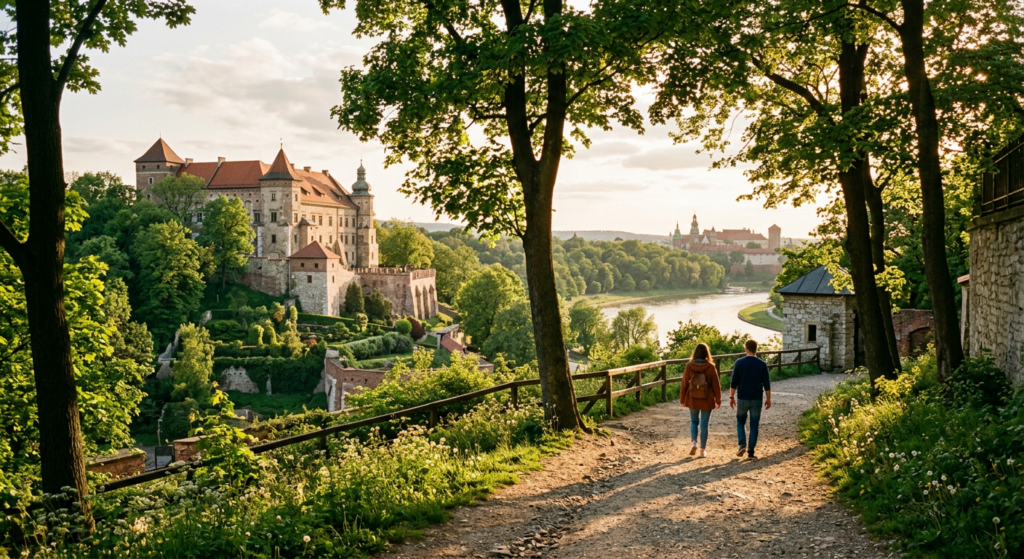 A serene, high-quality editorial photograph capturing a picturesque, sun-dappled walking path throug