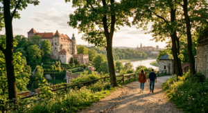 A serene, high-quality editorial photograph capturing a picturesque, sun-dappled walking path throug