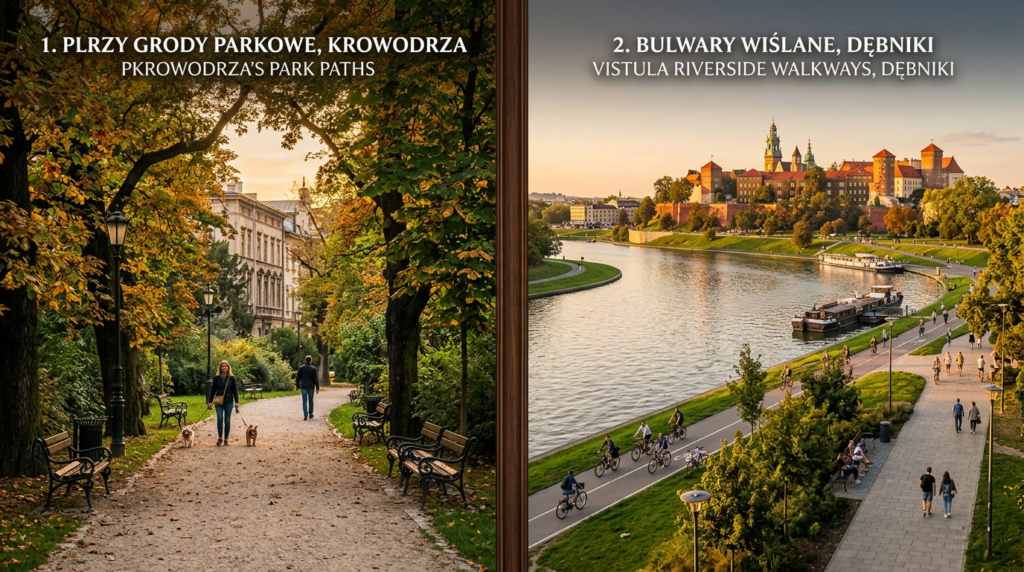 A high-quality editorial split-screen composition comparing the leafy, historic park paths of Krowod