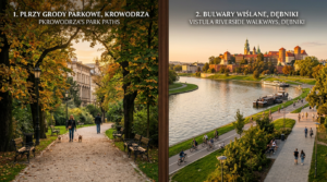 A high-quality editorial split-screen composition comparing the leafy, historic park paths of Krowod