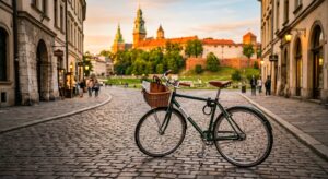 A high-angle professional editorial shot of a sleek city bike parked on a cobblestone street in Krak